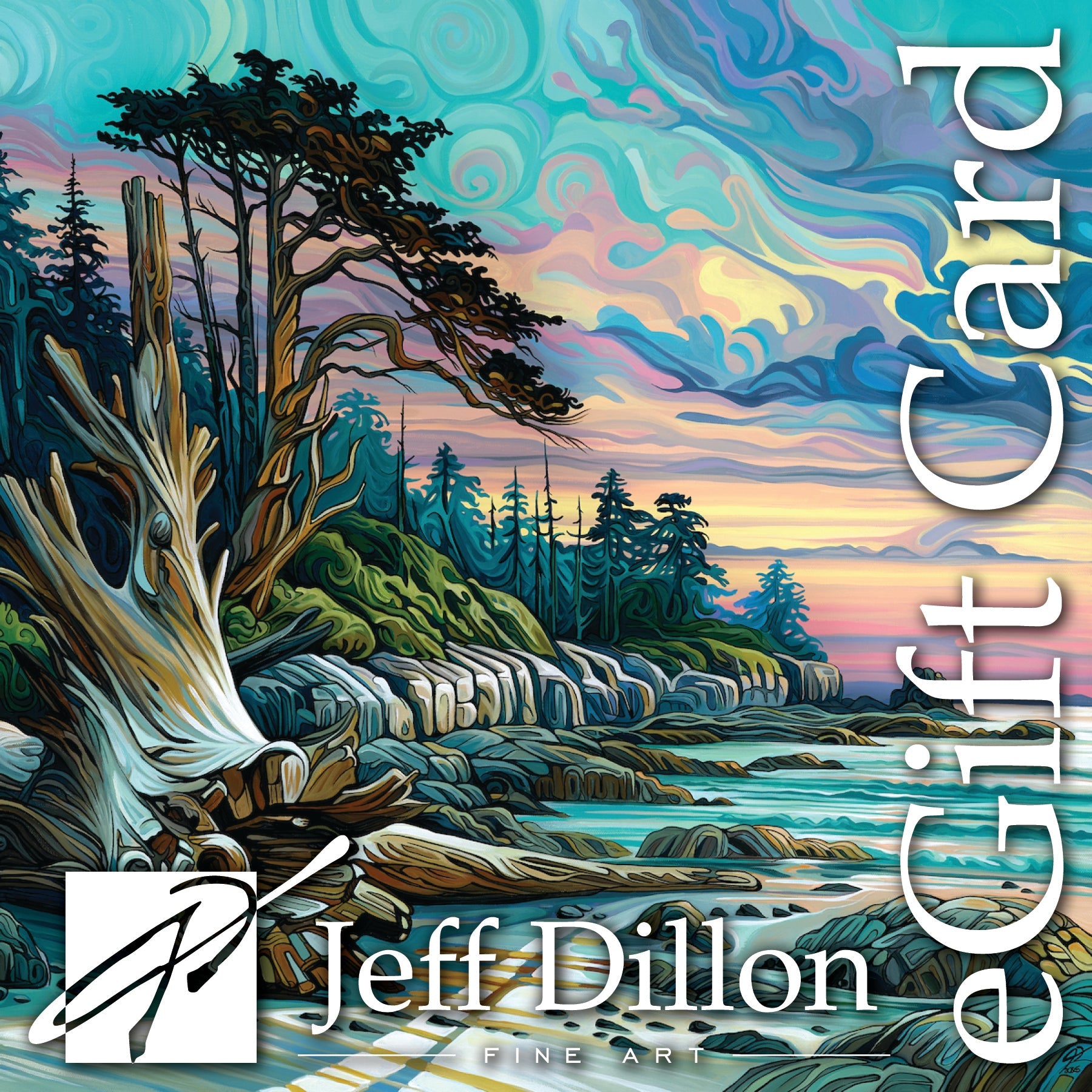 Colorful, stylized painting of a rocky coastal landscape with pine trees, dramatic clouds, and a sunset sky. Text reads “eGift Card” and “Jeff Dillon Fine Art” with a signature logo.