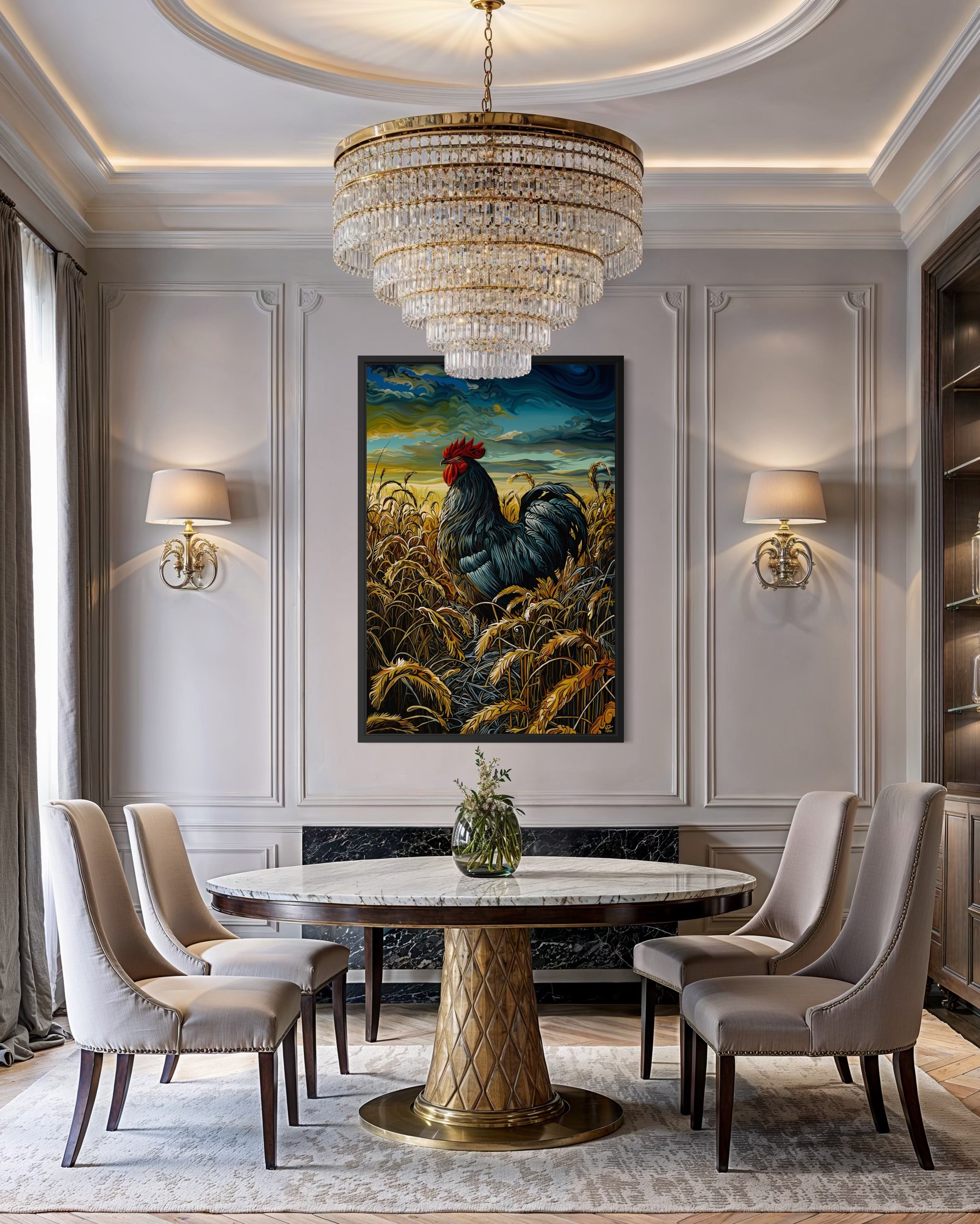 The Where I Stand rooster painting showcases farmhouse charm with its depiction of a proud rooster and golden wheat fields.