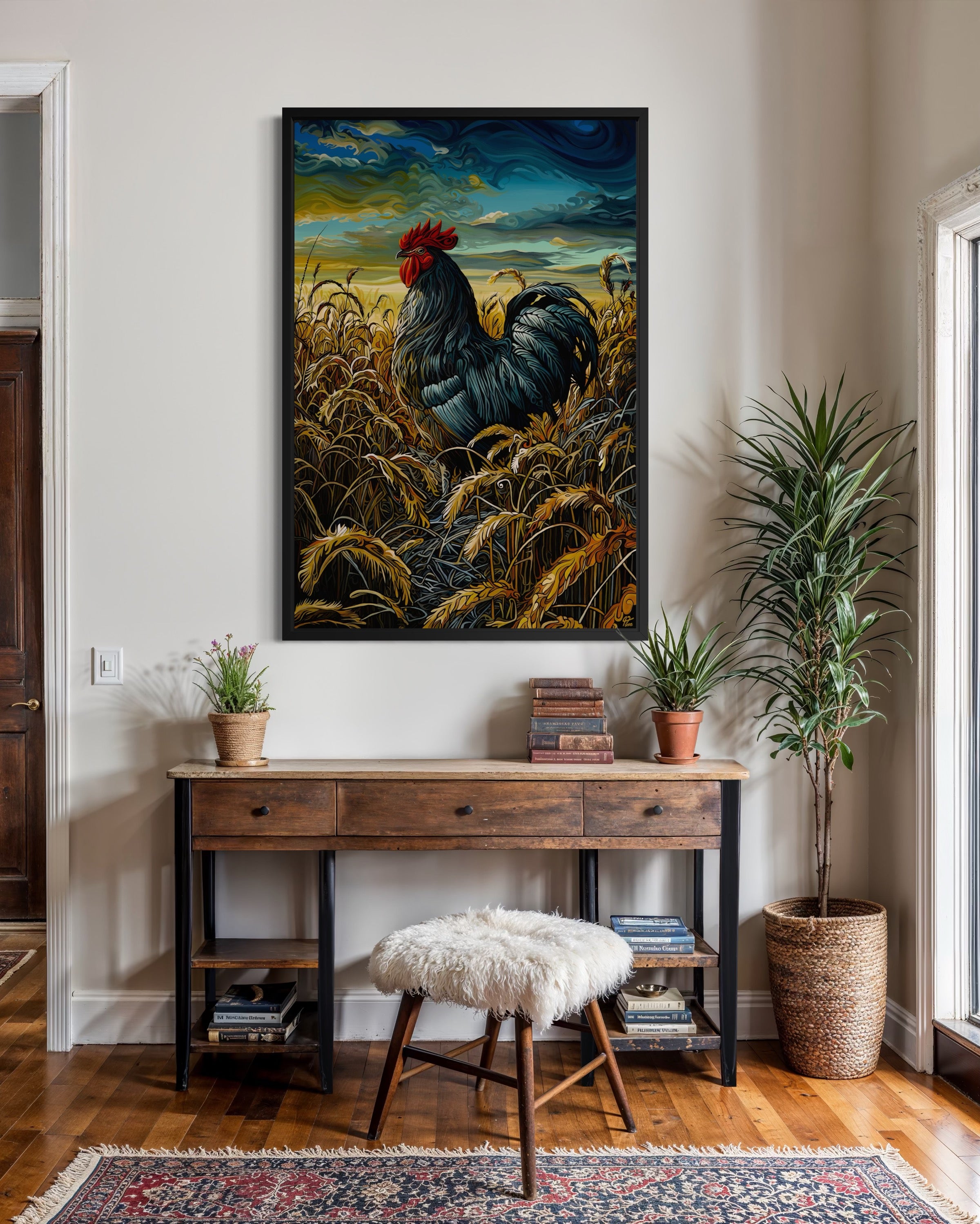 The Where I Stand rooster painting showcases farmhouse charm with its depiction of a proud rooster and golden wheat fields.