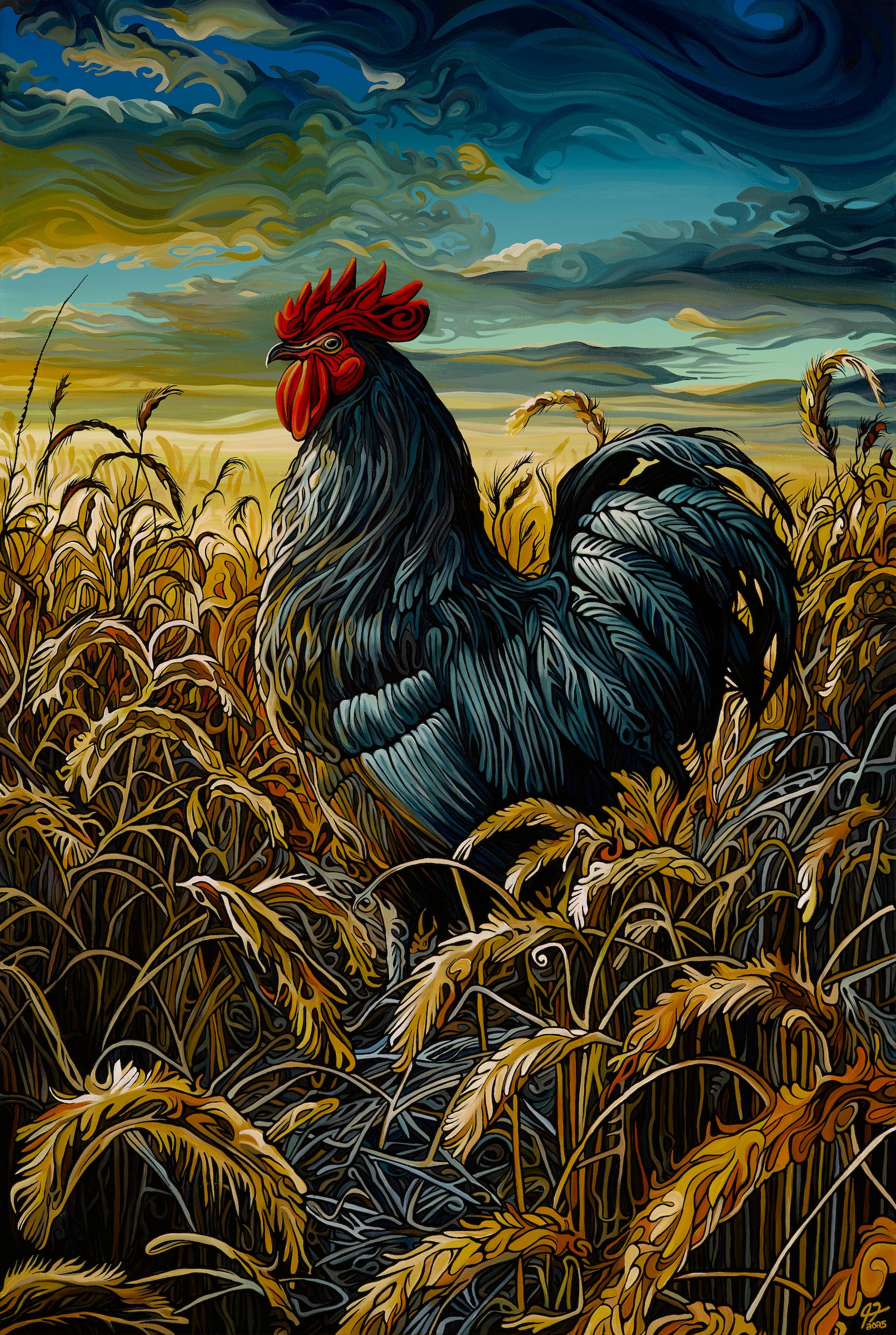 The Where I Stand rooster painting showcases farmhouse charm with its depiction of a proud rooster and golden wheat fields.