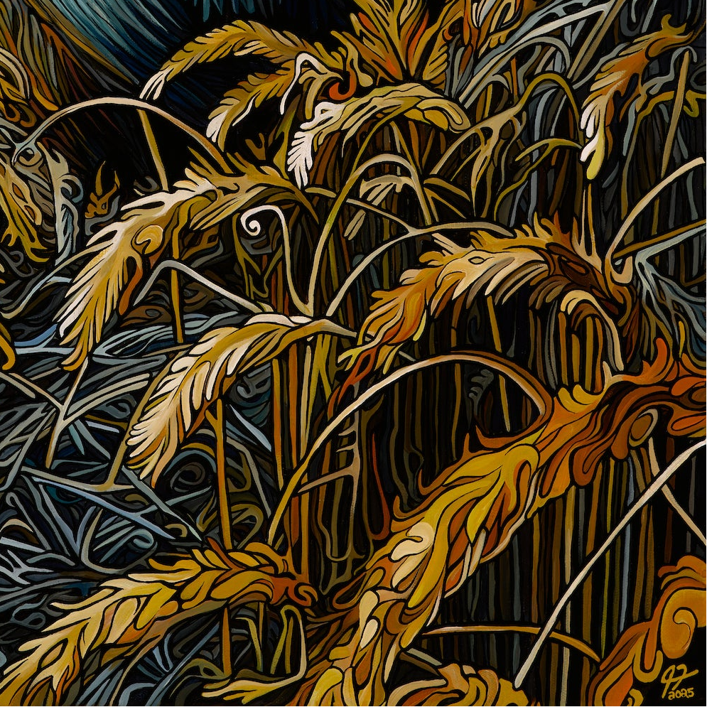 A black rooster stands in a wheat field beneath a vivid sky in the painting Where I Stand.