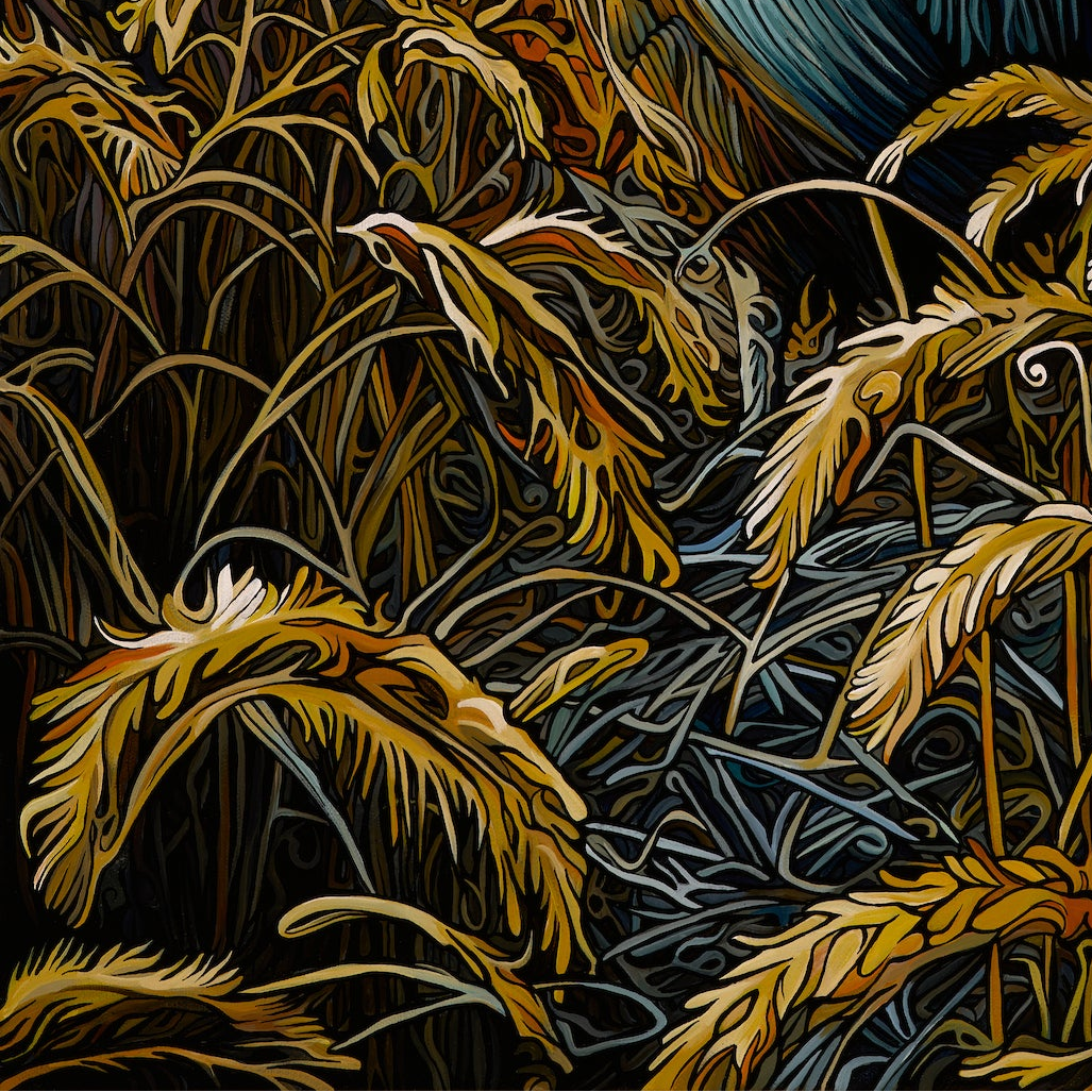 A black rooster stands in a wheat field beneath a vivid sky in the painting Where I Stand.