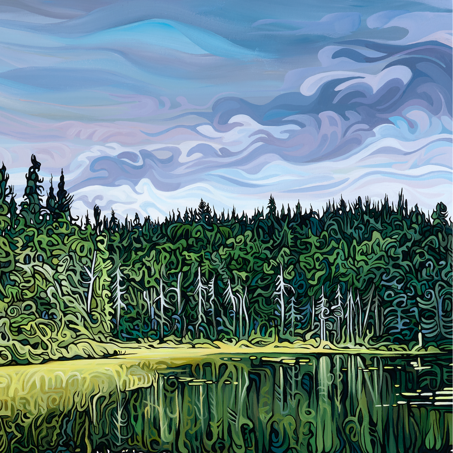 painting of a forested lakeshore with dense evergreen trees and grasses reflected in still water under layered, drifting clouds