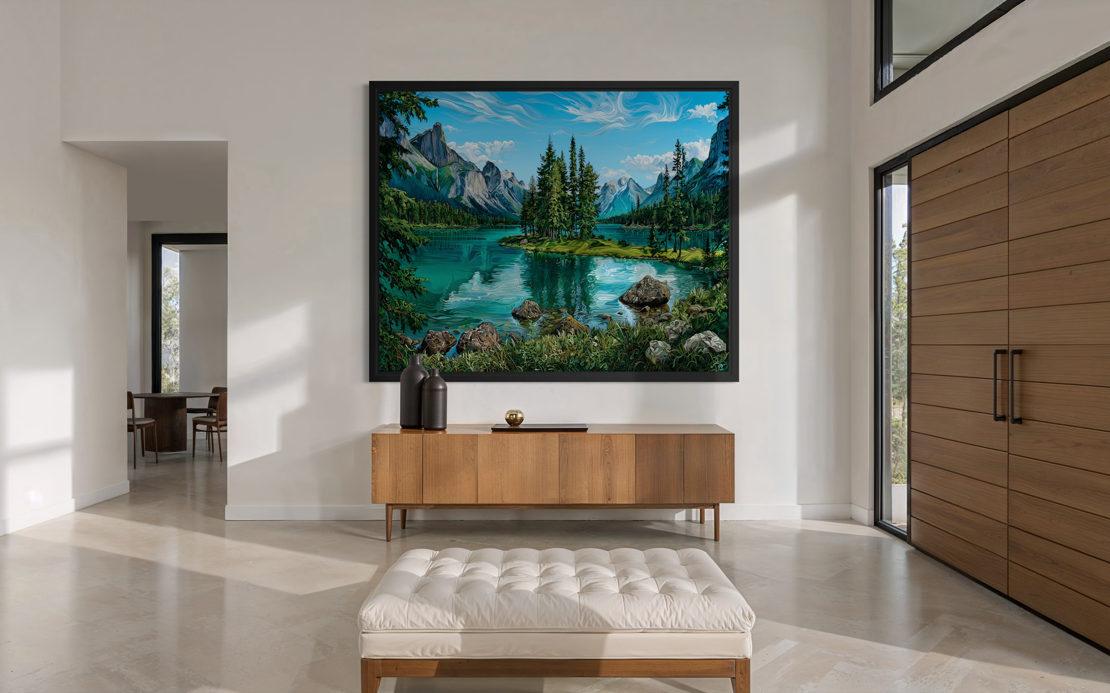 Modern interior with a large landscape painting on the wall, wooden console table, and white bench.