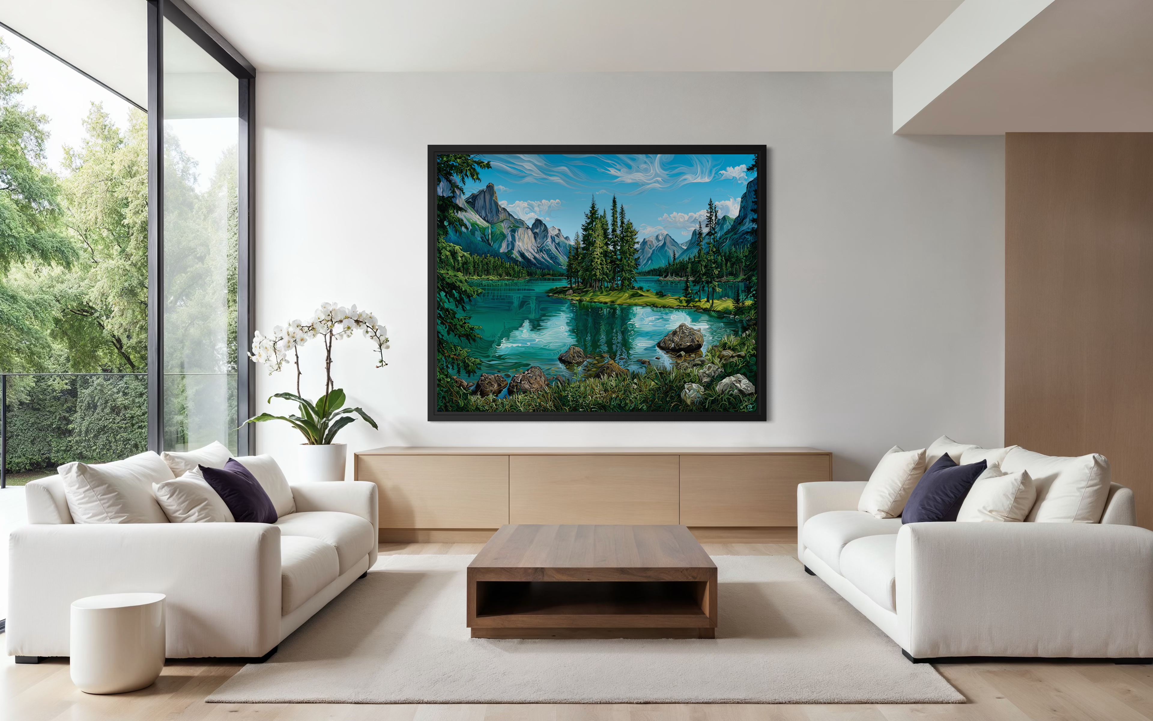 Modern living room with a scenic painting on the wall
