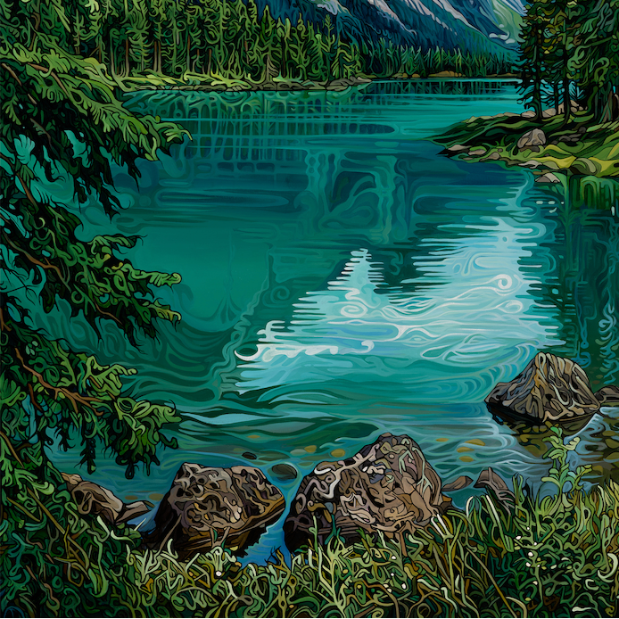 Majestic landscape of a lake surrounded by trees and mountains
