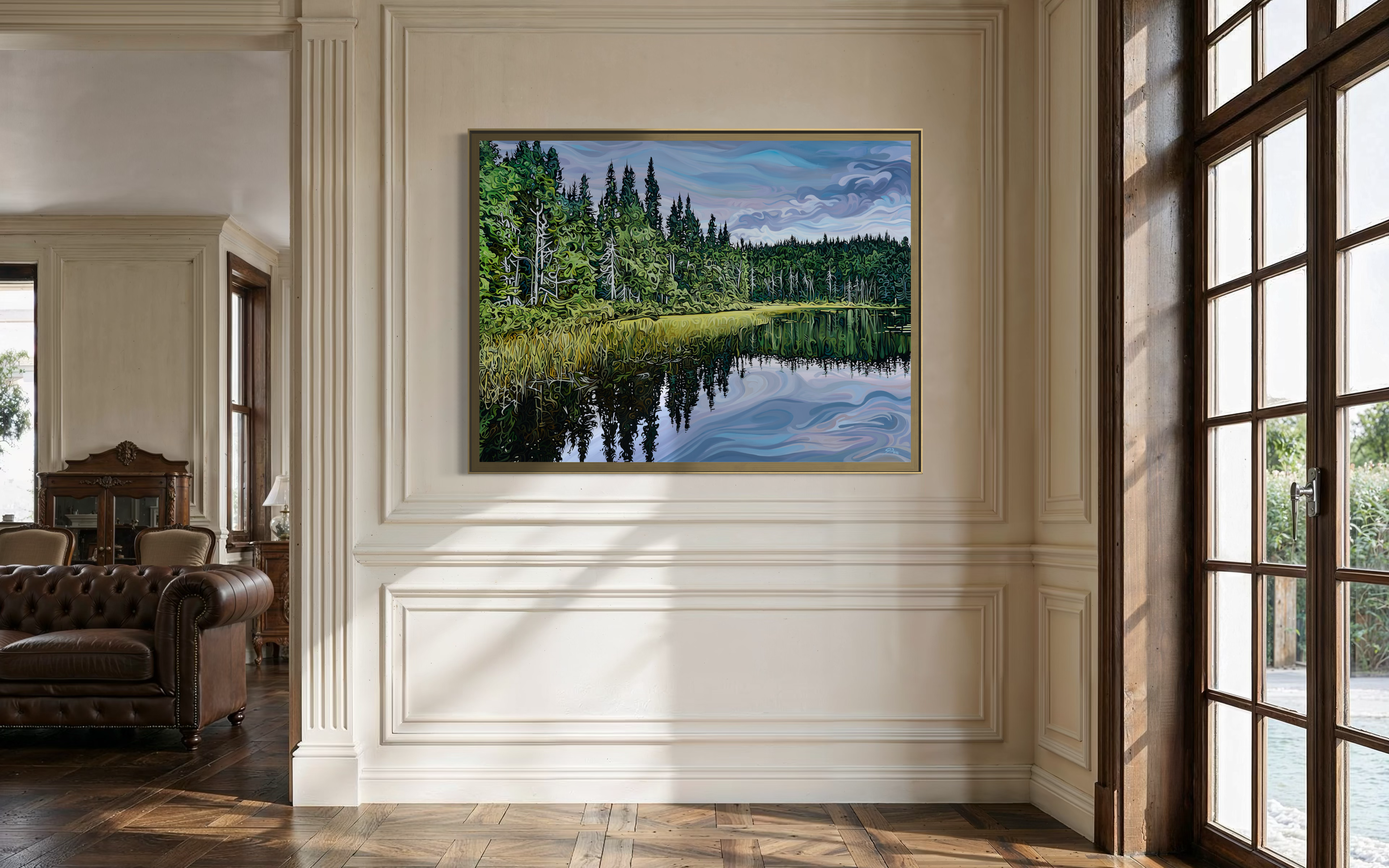 painting of a forested lakeshore with dense evergreen trees and grasses reflected in still water under layered, drifting clouds