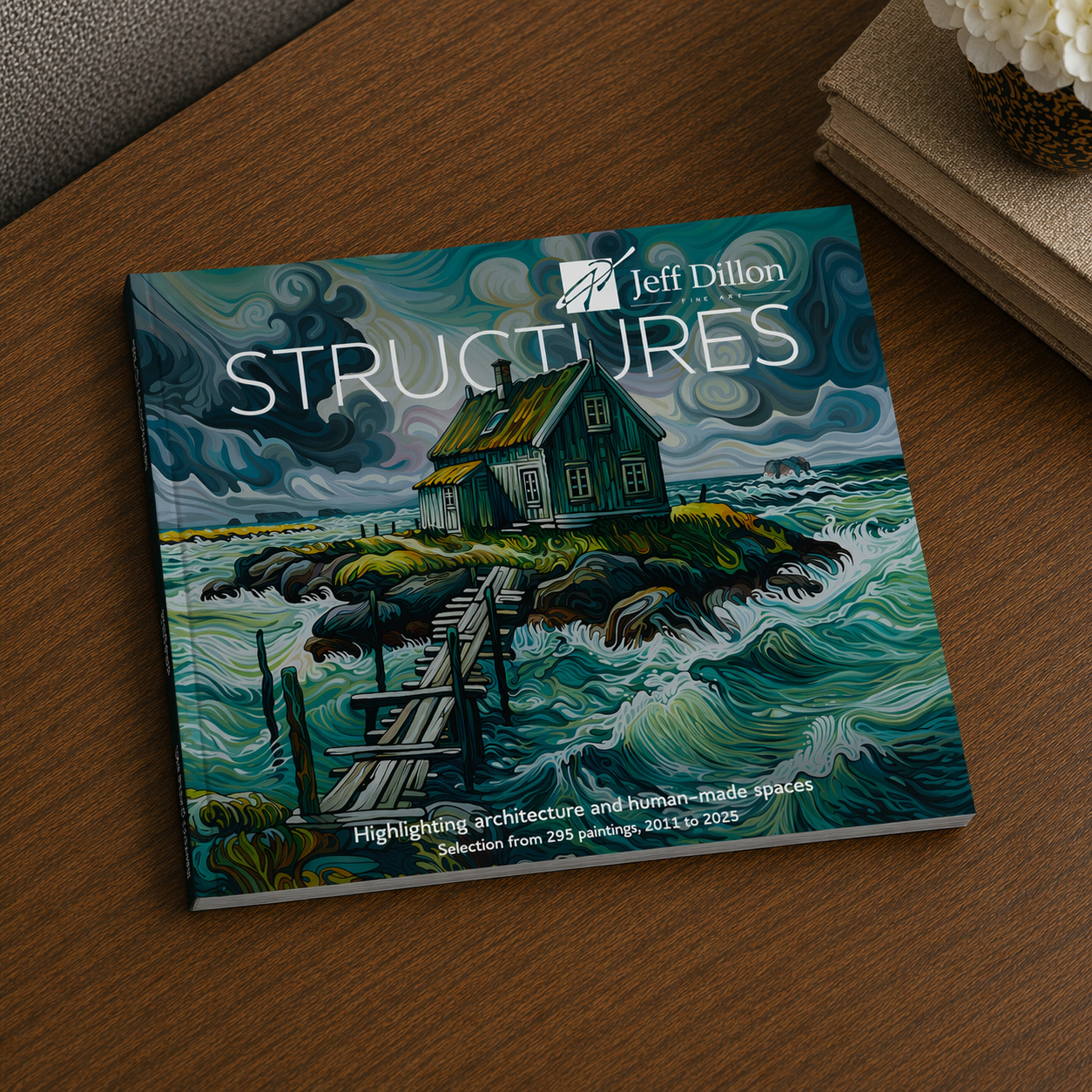 Architectural and landscape paintings by Jeff Dillon, featuring a green house perched on a rocky island.