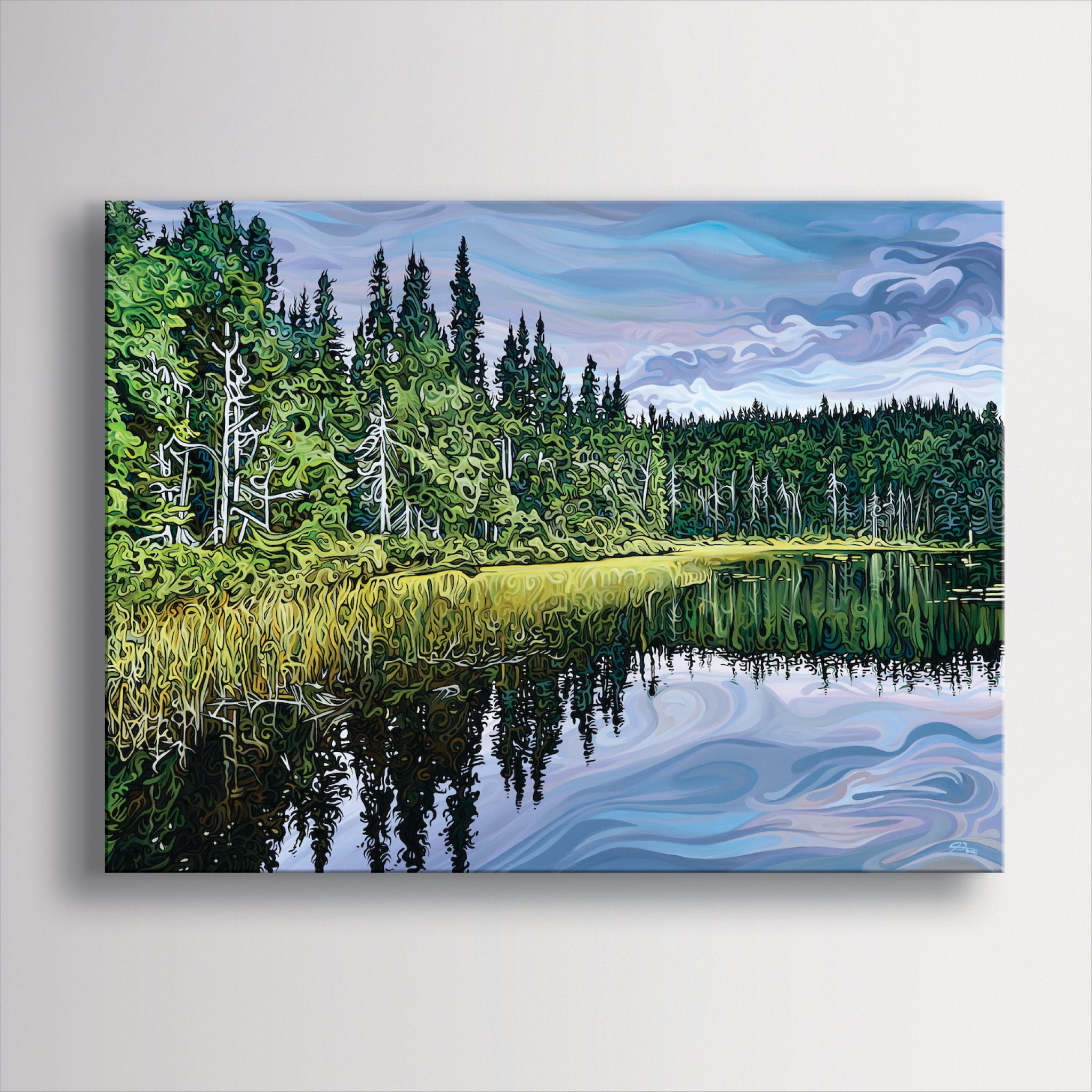 painting of a forested lakeshore with dense evergreen trees and grasses reflected in still water under layered, drifting clouds