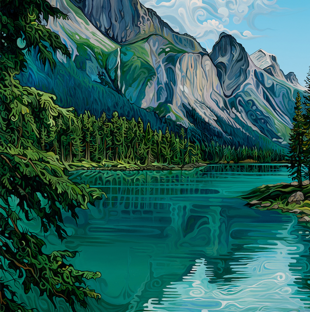 “Between the Peaks” (#302) is a vibrant digital painting of Spirit Island on turquoise water, framed by dense pines and rugged mountains under a partly cloudy sky. Reflections in the lake create a peaceful, beautiful scene.