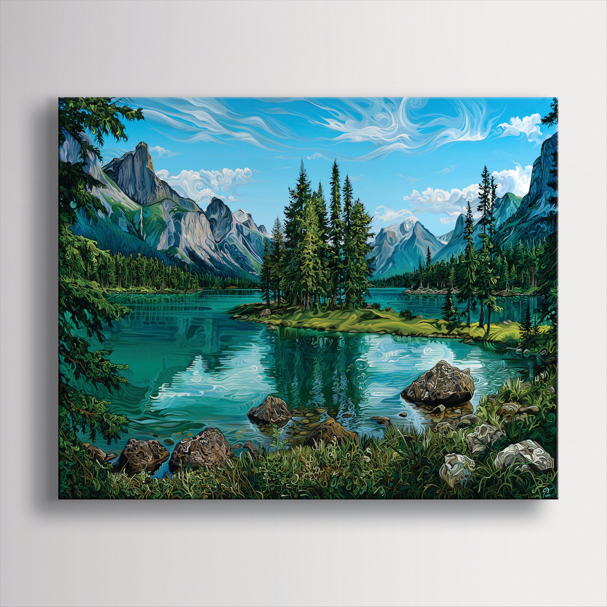 Landscape painting of a lake with mountains and trees