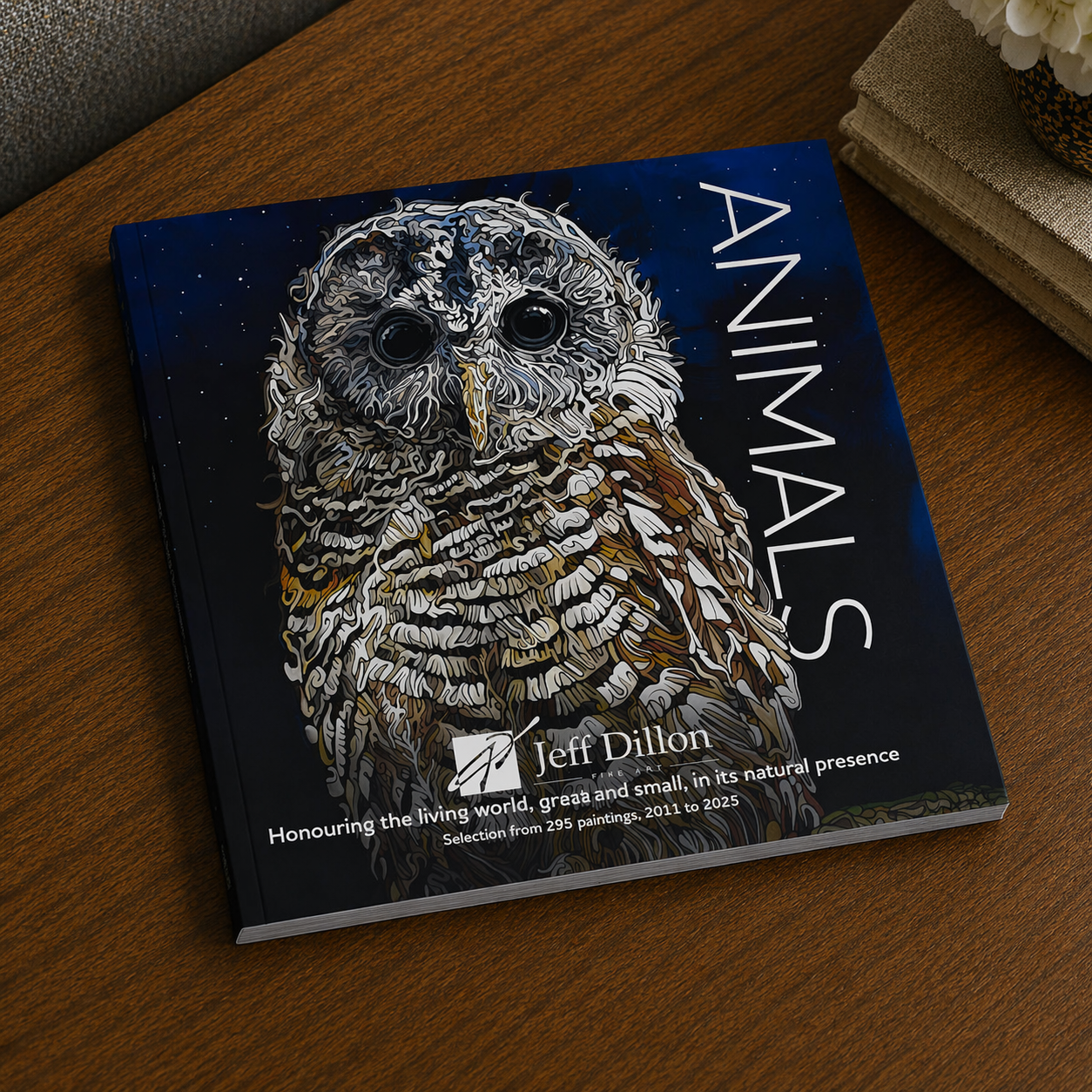 Jeff Dillons Animals Art Book showcases wildlife artwork and features an owl illustration on the cover.
